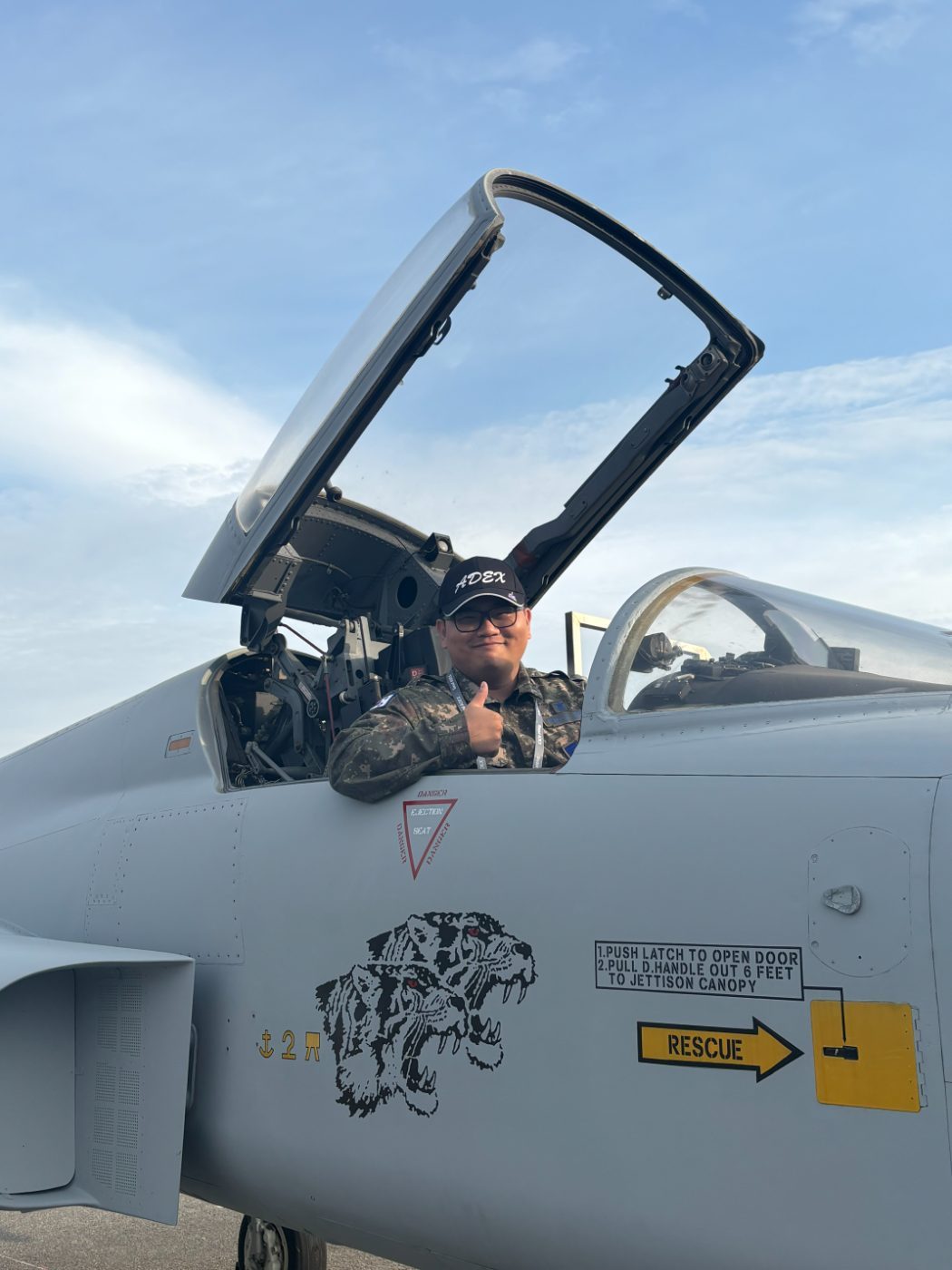 In the cockpit of a parked jet during the exhibition