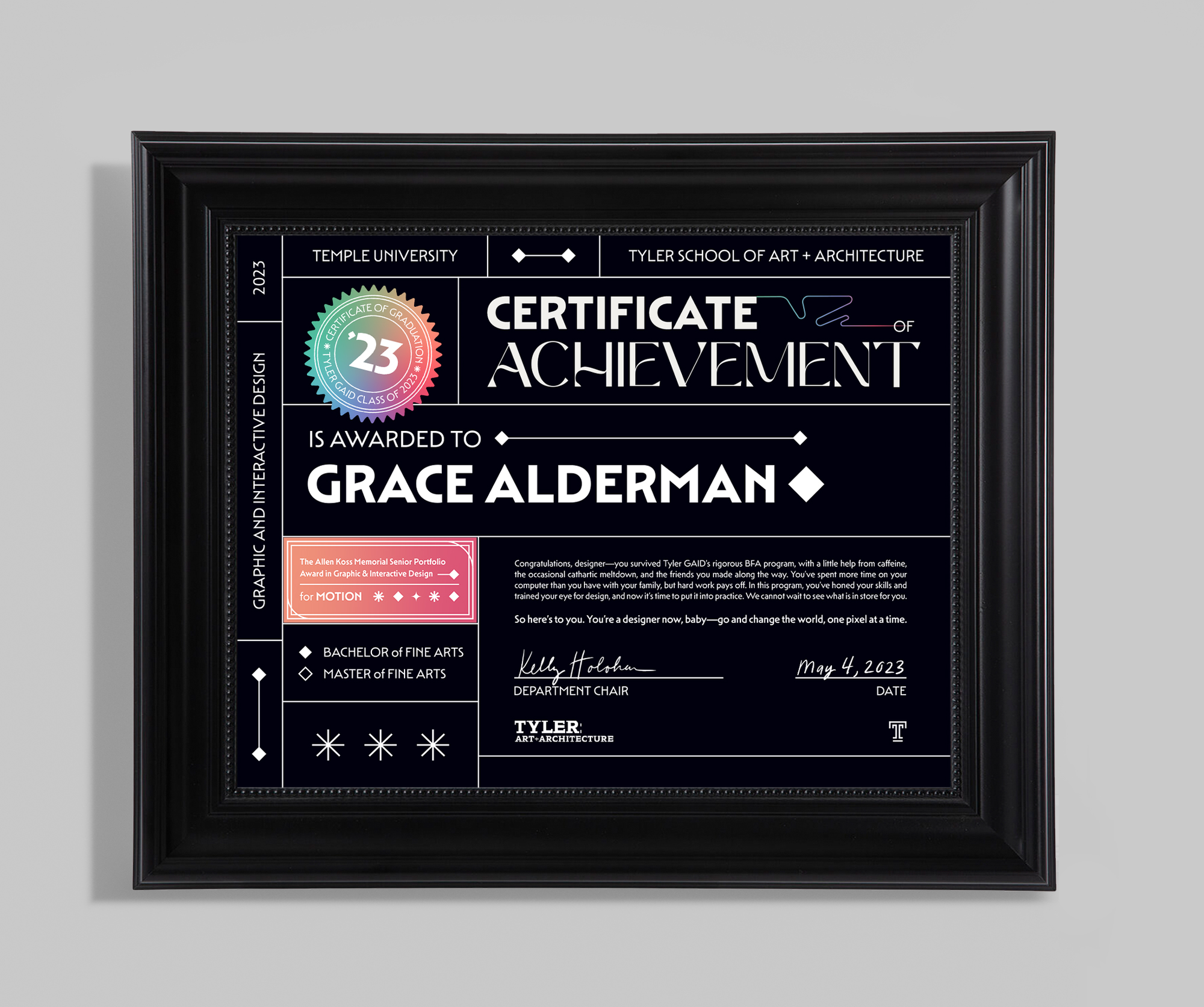Framed certificate of achievement in the Connect identity