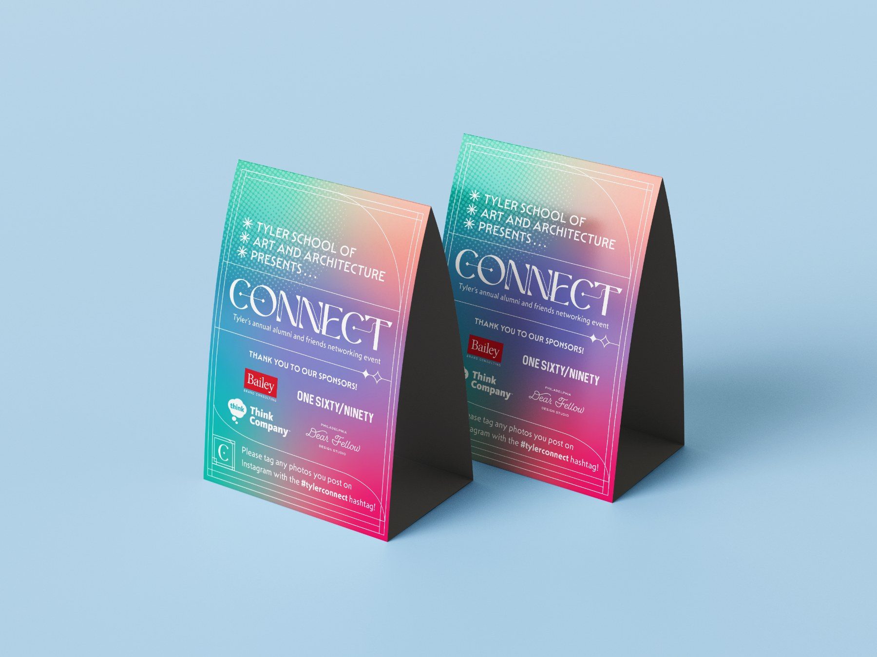 Table tents with the Connect logotype and sponsor logos