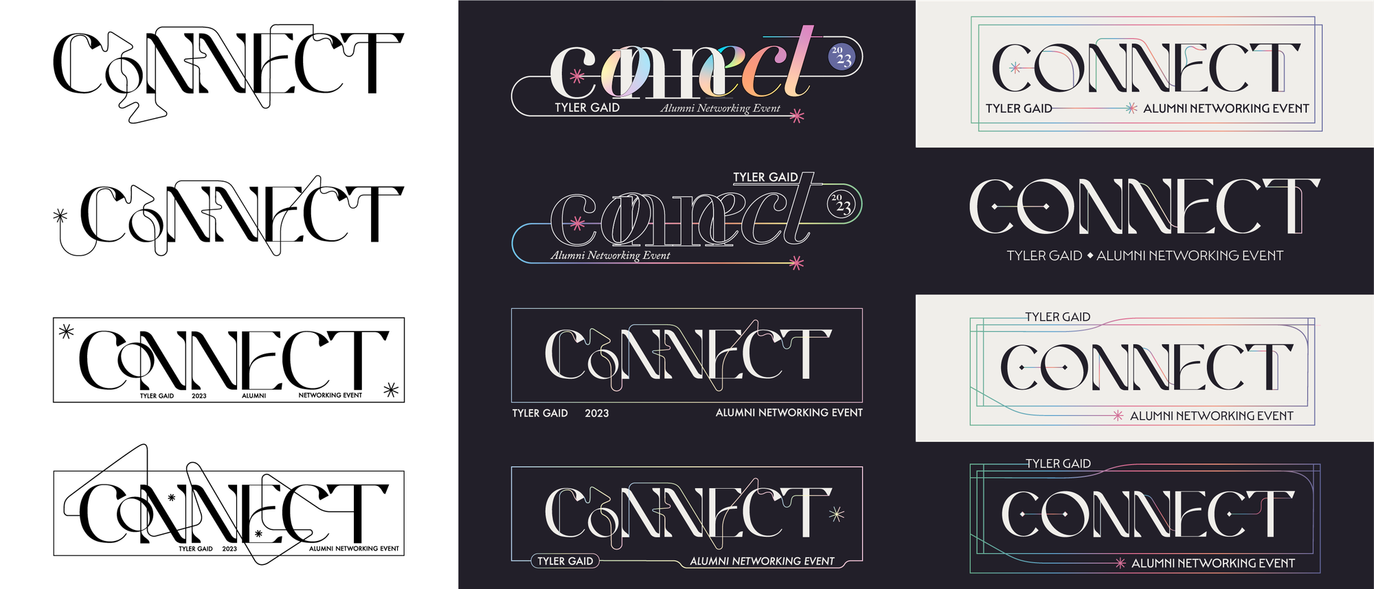 Logo development: letterform refinements, lockup studies and the final logo in light and dark versions